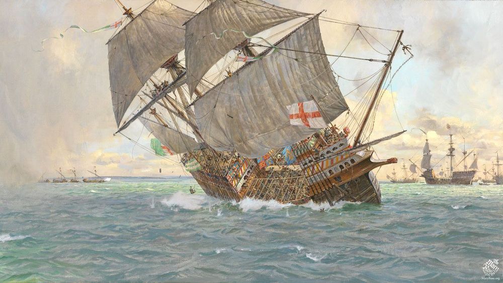 An artist's impression of the sinking of the Mary Rose, a four-masted Tudor warship that is heeling dramatically to starboard, with water pouring into the ship.