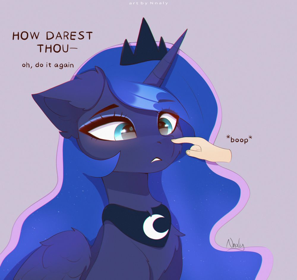 Princess Luna getting booped, saying "how darest thou- oh, do it again"