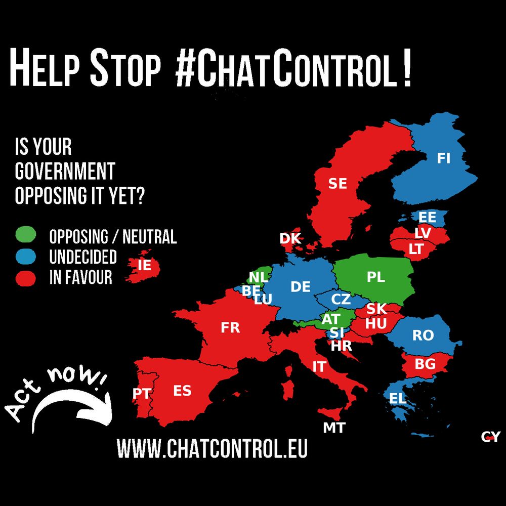 Eine Karte von Europa zeigt die Länder farblich markiert nach der Haltung ihrer Regierungen zur Chatkontrolle. Die Legende erklärt: Grün steht für „Ablehnend/Neutral“, Blau für „Unentschieden“ und Rot für „Dafür“. Die meisten west- und südeuropäischen Länder (darunter Frankreich, Spanien, Portugal, Italien, Irland, Schweden, Dänemark, Litauen, Lettland, Bulgarien und Griechenland) sind rot markiert, was bedeutet, dass sie dafür sind. Länder wie Deutschland, Polen, Österreich, Slowenien, Kroatien und die Niederlande sind grün markiert und somit ablehnend oder neutral. Einige Länder, darunter Finnland, Estland, Belgien, Rumänien und Griechenland, sind blau markiert und damit unentschieden.