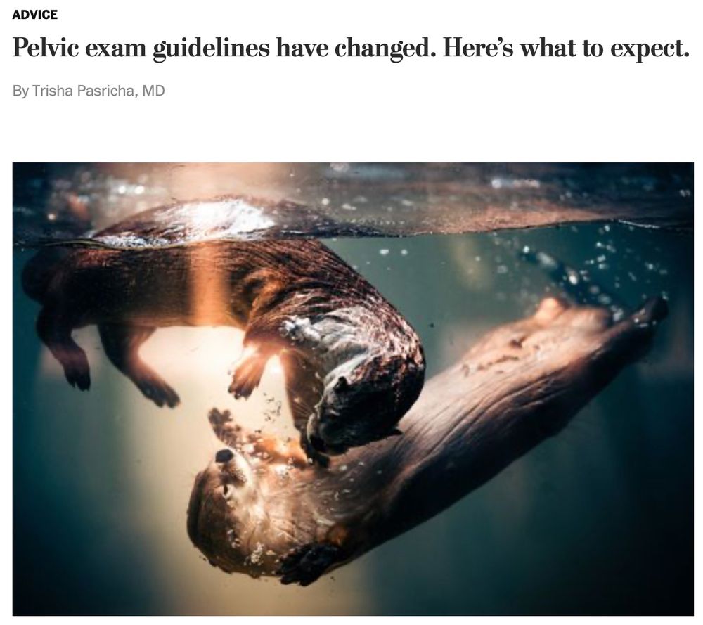 Headline: Pelvic exam guidelines have changed. Here’s what to expect.

...over a photo of two otters at play just under the surface of the water.