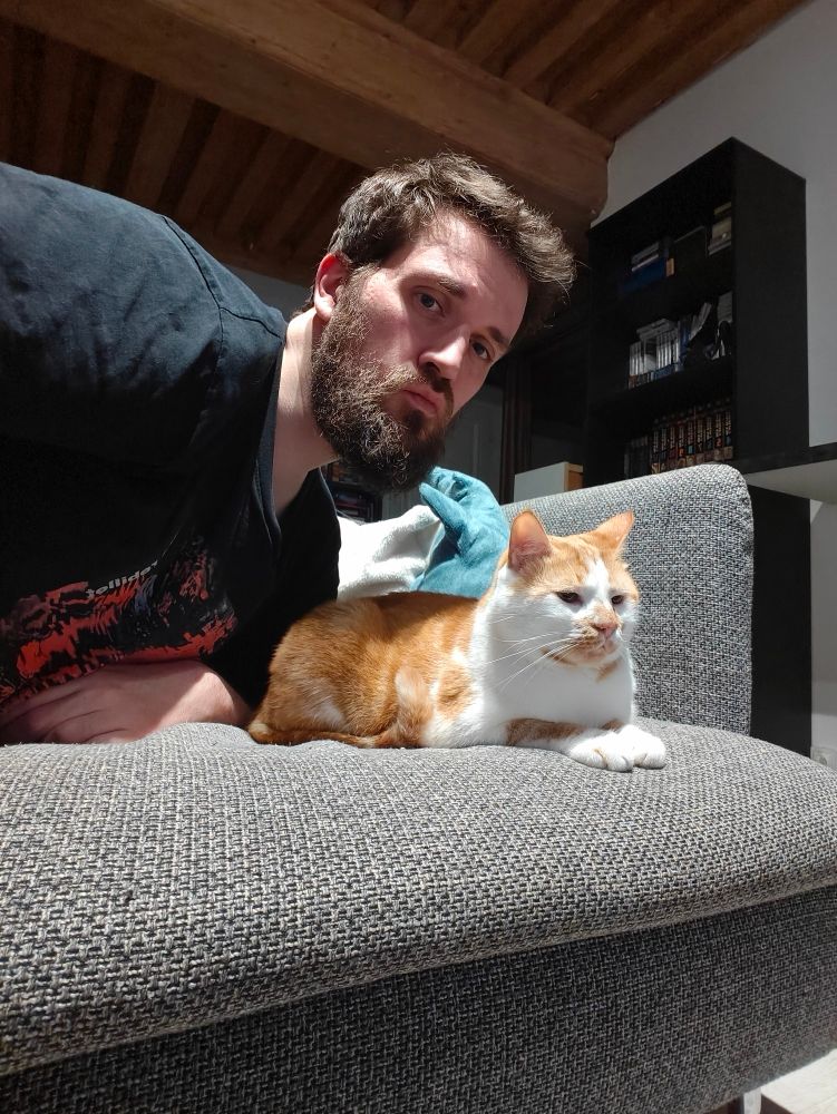 Photo de Clovis, mon chat roux et moi.
Clovis est posé et a l'air franchement saoulé. Moi je suis à côté penché de manière dégueulasse et je fais une duckface un peu nulle.