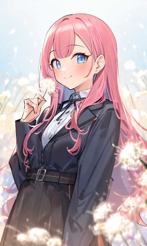 Dandelion fluff, Dandelion field at your feet, 1girl, cute & girly (idolmaster), pink hair, The background is dandelion fluff, best quality, There is a dandelion field underfoot, The illustrations are real