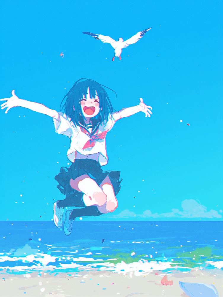今月もよろしくおねがいします☀️

砂浜の上で両手を広げながらジャンプする青髪の女子高生。合わせて白い鳩も1羽、羽を広げてシンクロするかのようです。