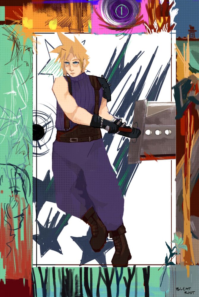 Cloud Strife with his buster sword; there's a frame with implied scenes of the game around it