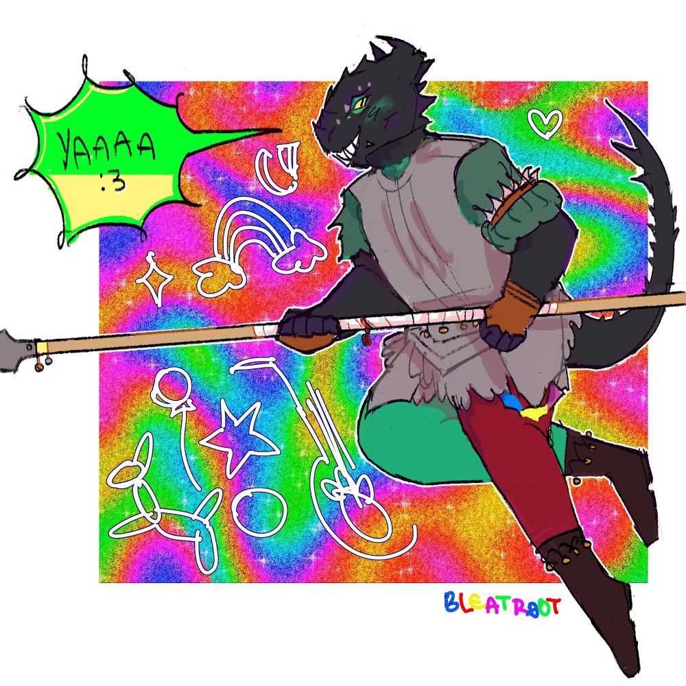 drawing - dragonborn character running with a pike!!