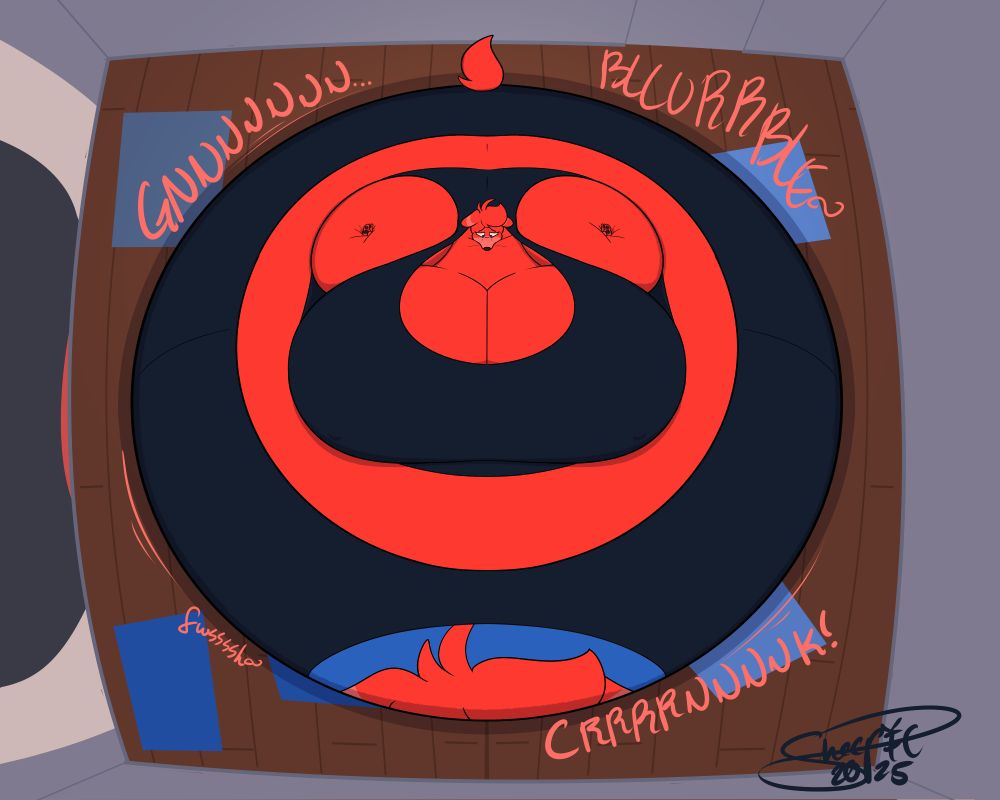Giant Red dog blown up into a huge Monobutt shape in the middle of a yoga room. She's looking down worried at her body