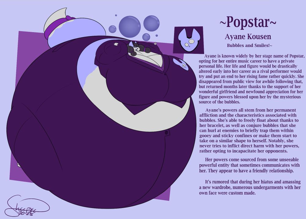 A ref image of a Blimped heroine named Popstar, whose powers revolve around entangling foes and blowing them up to make them harmless to the surrounding area!