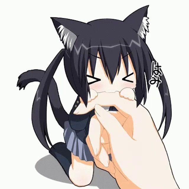 a cat girl is being petted by a person with chinese writing on it