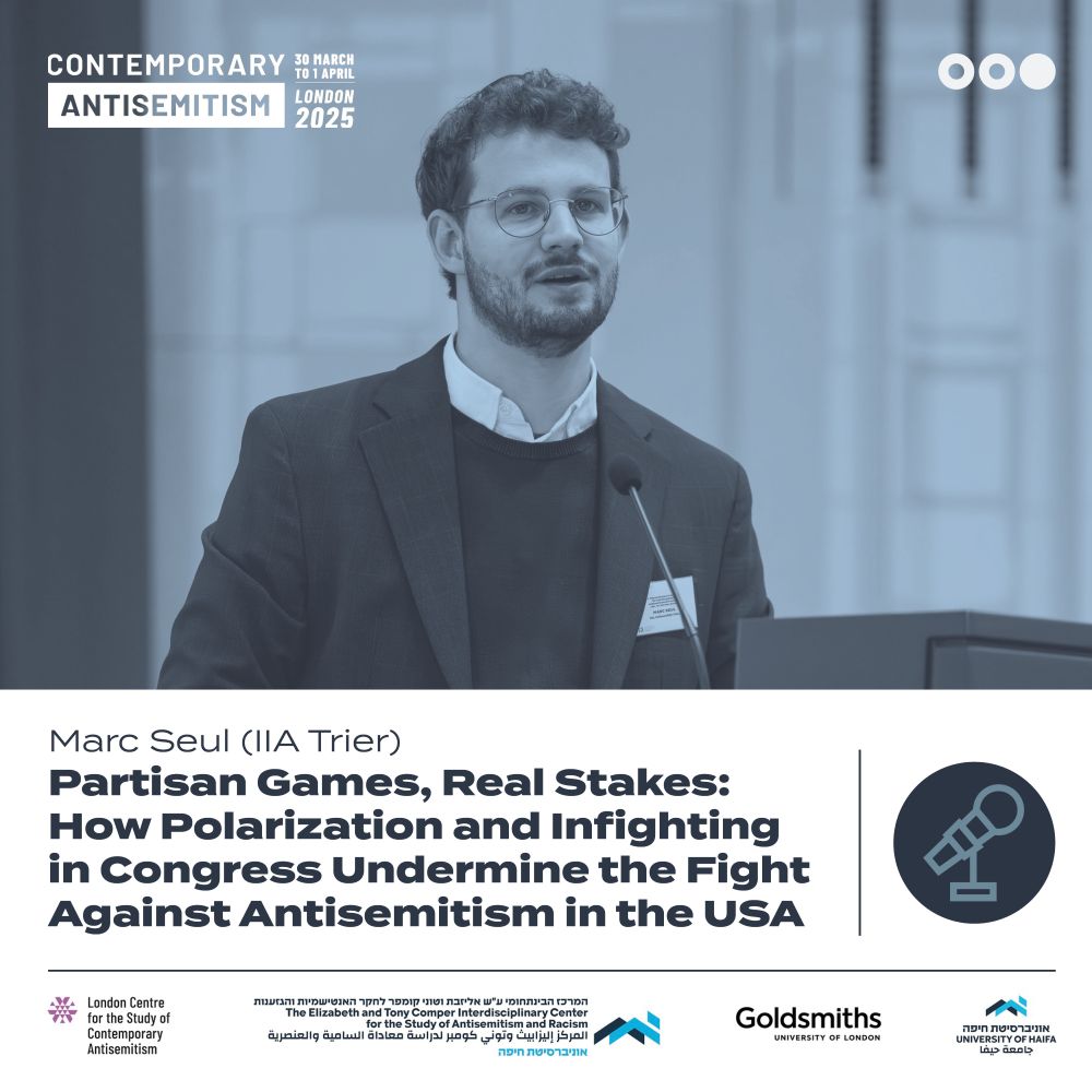 Stylized photo of Marc Seul, including the title of his talk: "Partisan Games, Real Stakes: How Polarization and Infighting in Congress Undermine the Fight Against Antisemitism in the USA"