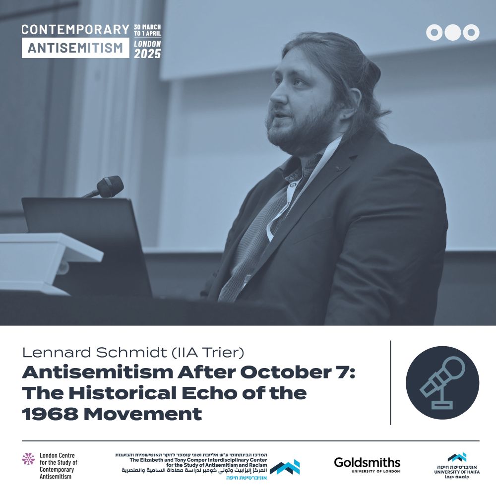 Stylized photo of Lennard Schmidt, including the title of his talk: "Antisemitism After October 7: The Historical Echo of the 1968 Movement"