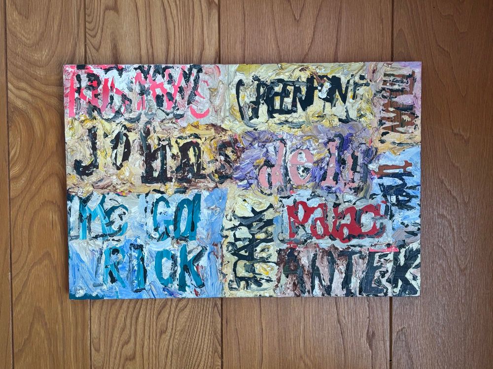 Horizontal painting with textured colorful, pink blue, yellow, red black palette with words green point, deli, rick, palace, antek