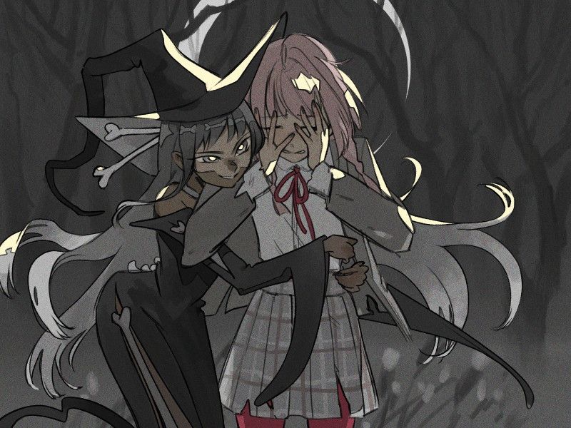 A witch embracing a crying girl. The witch has long black hair and is wearing a pointy black hat, and a dress with bones tracing her arms and legs. Part of her face is slightly lighter, resembling the top of a skull. The crying girl has medium-length pink hair and is wearing a torn school uniform.