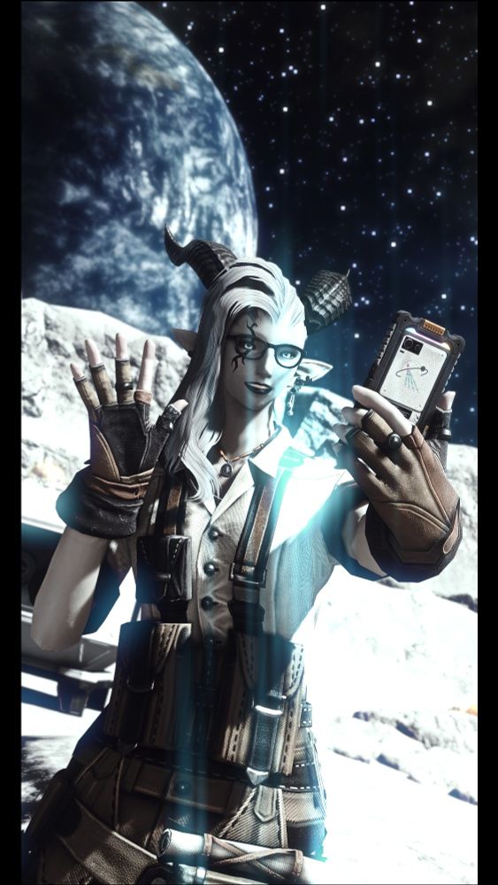 An Elezen takes a selfie, Etheirys is in the background.