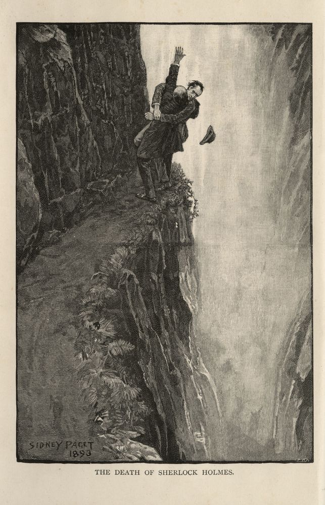 “the death of sherlock holmes” as illustrated by sidney paget. holmes and moriarty are going over the falls together