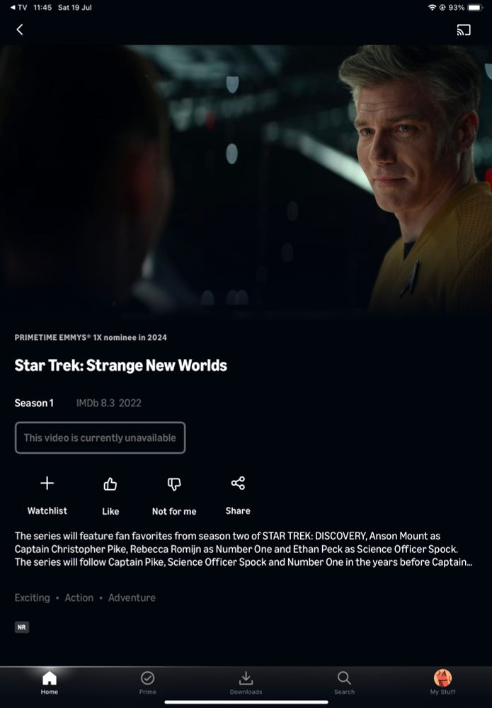 Screencap of Amazon Prime interface for Star Trek: Strange New Worlds, with a button saying “this video is currently unavailable”