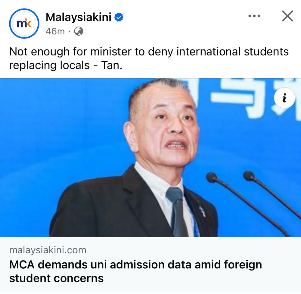 Screen cap of Malaysian news portal Malaysiakini with headlines reading “MCA demands uni admission data amid foreign student concerns”