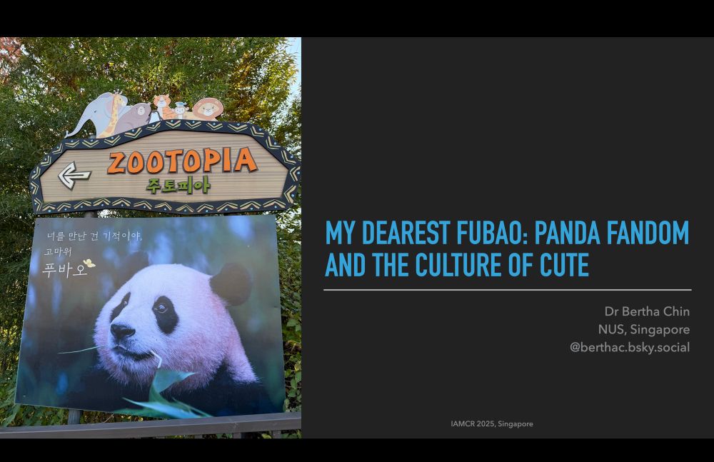 Screencap of a PowerPoint presentation cover page with a picture of the panda “Fubao” under the directions to Zootopia with Korean writing on the left hand side of the screen. On the right, is the presentation title: “My Dearest Fubao: panda fandom and the culture of cute”
