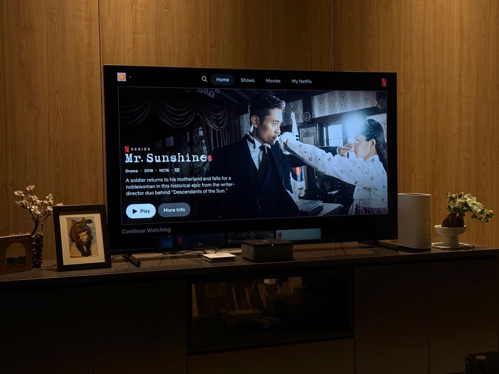 A TV console, with Netflix on and a poster and description of the Korean series, Mr Sunshine