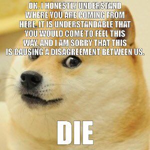 OK. I HONESTLY UNDERSTAND WHERE YOU ARE COMING FROM HERE. IT IS UNDERSTANDABLE THAT YOU WOULD COME TO FEEL THIS WAY, AND I AM SORRY THAT THIS IS CAUSING A DISAGREEMENT BETWEEN US.

DIE