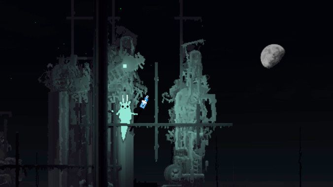 A screenshot of the Electrician in-game. He's standing on a pole in Metropolis at night, holding a charged electric spear. He has a teal glow the same colour as his body, and the mark of communication hovers above his head.