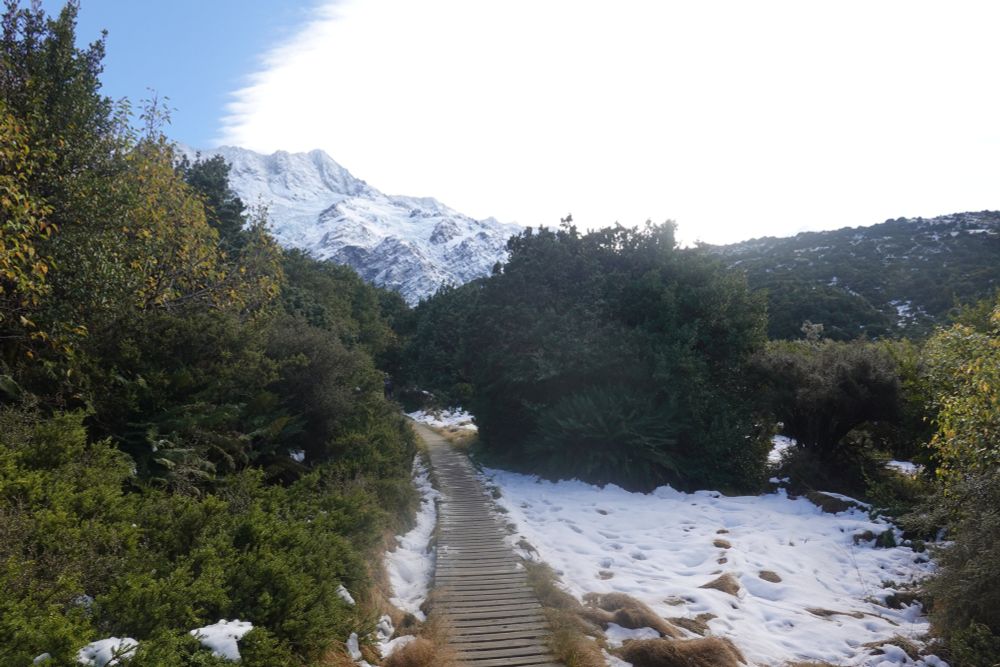 A boardwalk wanders through an area of bush - it seems to be heading towards a mountain - the mountain peak reaches towards a sky with blue and some white cloud. There is a modest layer of snow on the ground.