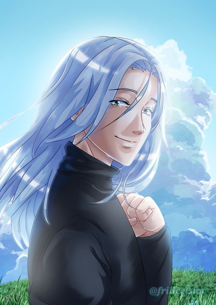 Half-portrait of Epsilon from the manga/anime Pluto by Naoki Urasawa, his body turned to the right as he looks towards the viewer with a soft smile. He is backlit in a field of grass, with some clouds in the background