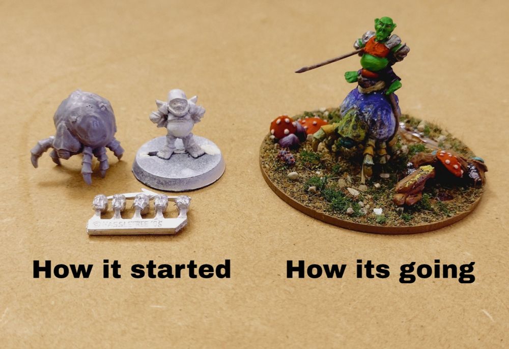 Old blood bowl halfling badly spray under coated, a heresy hellmite and a sprue of metal goblin heads next to a finished conversion to a goblin riding a hellmite as a mini for wartnose jousting 