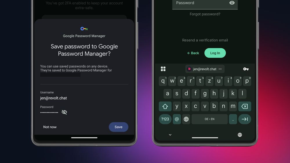 A left hand phone shows a prompt from Google Password Manager asking whether to save credentials. A right hand phone shows the Revolt login screen, and on the keyboard a button that auto-fills the credentials saved on the left hand phone is visible