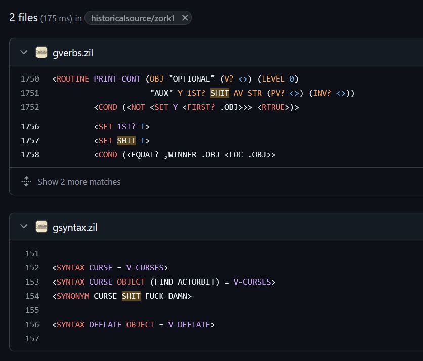 zork source code where the only curse words are shit fuck and damn, used once to define curse words "because it's a text game" and once as a variable