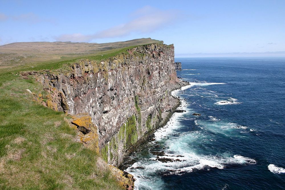 a very large and steep cliff next to some ocean and flat greenery on top of the cliff