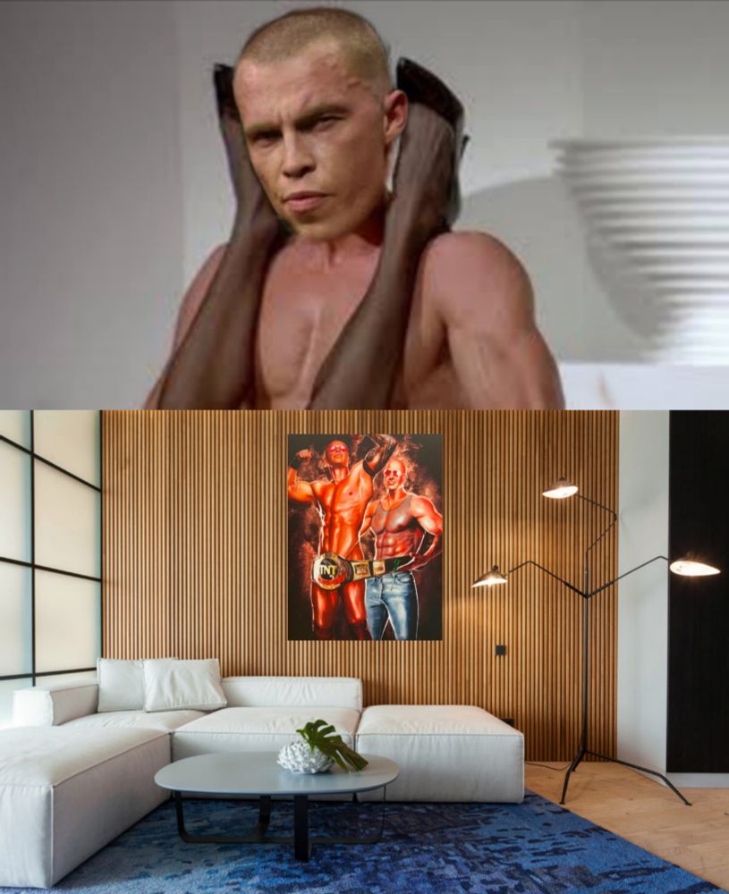 Kyle Fletcher as Patrick Bateman in the American Psycho sex scene looking at the painting of himself and Don Callis