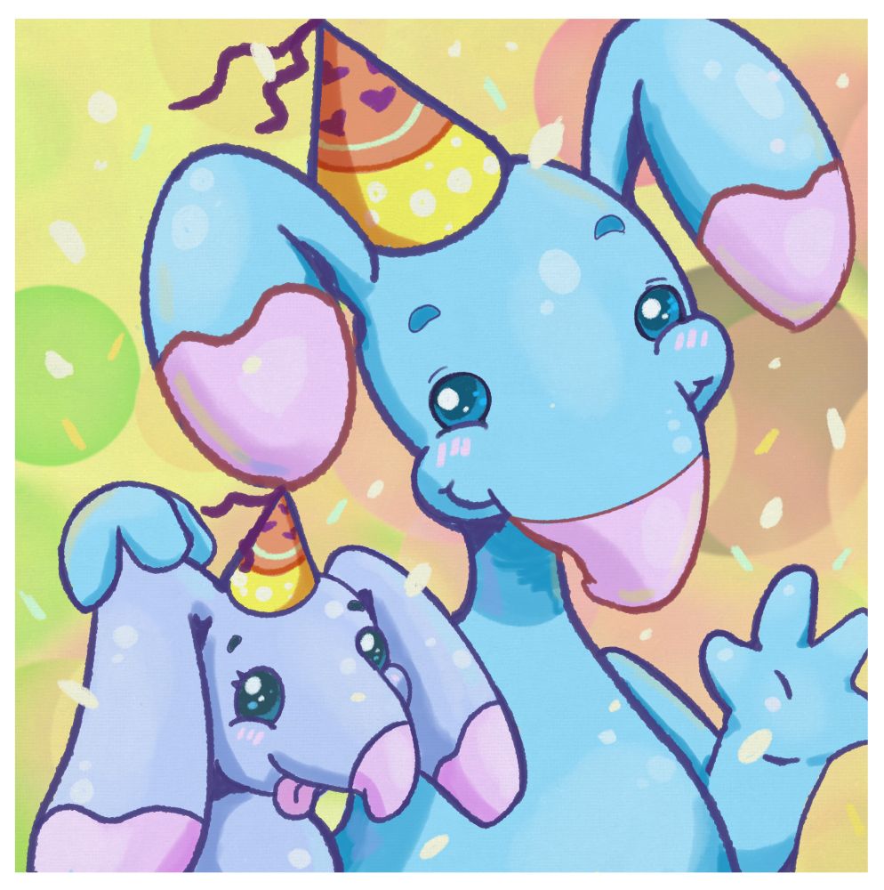 A pastel blue and pink blumaroo on the right is smiling and waving towards you. His hand is resting on a baby blumaroo on the left, who has her tongue sticking out. That are both wearing party hats.