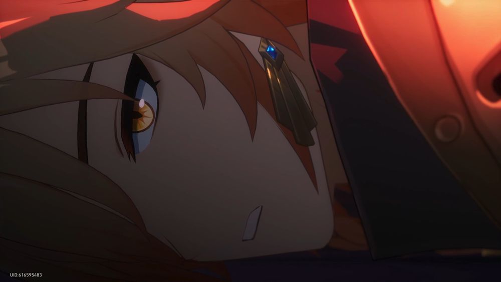 A screenshot of the final cut scene in honkai star rail's version 3.3 story, showing the character Mydei lying dead on his side,  staring into eternity.  