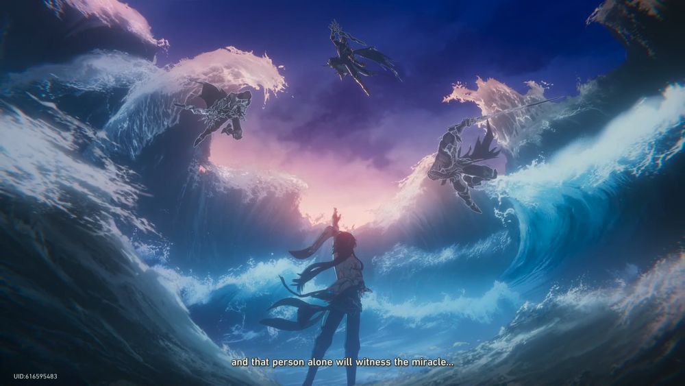 A screenshot of a cutscene from honkai Star rail version 3.3's main story.  The character Dan Heng, in his draconian, imbibitor lunae, form stands in the center with his back to the camera.  Before him are waves carried with seafoam which he is controlling with his raised left hand.  Three shadowy figures are arranged above him in a triangle,  darting above the waves.  The sky is twilight,  dark blue at the top with pinks and purples closer to the water. 