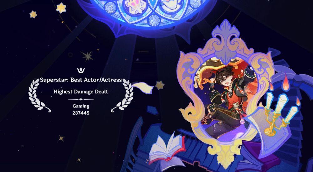 A screenshot from genshin's imaginarium theater,  showing the character Gaming as the character with the highest damage dealt, with his damage shown to be 237445. 