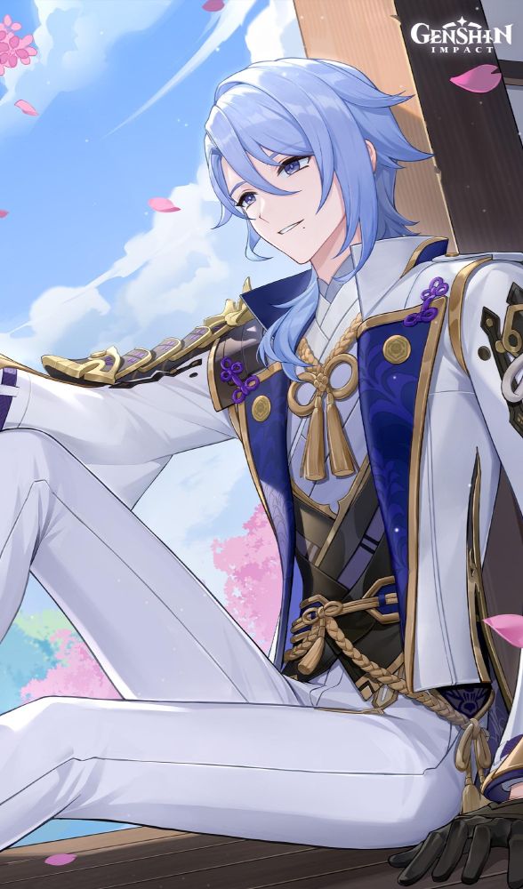 Official artwork of the genshin impact character Kamisato Ayato, sitting,  leaning against a wall.  