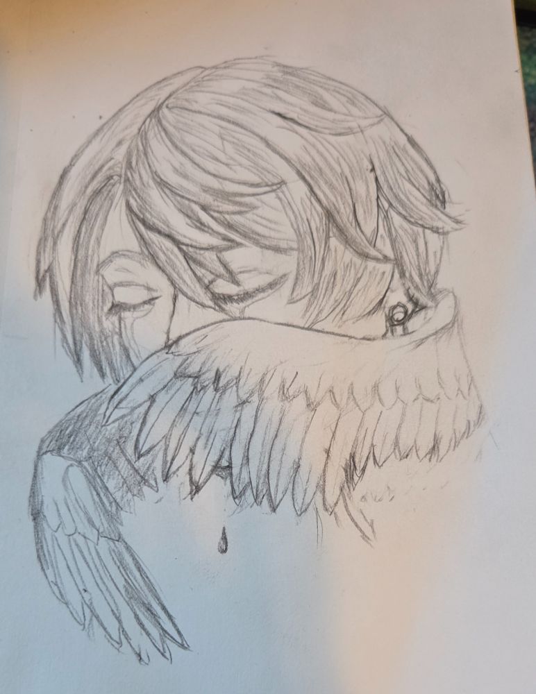 An in-progress pencil drawing of the character Sunday from Honkai Star Rail.  The character is from a race where human- like people have expressive winglets that grow from behind their ears.  In this drawing,  the winglets, complete with feathers are drawn shielding the character's face while he's crying