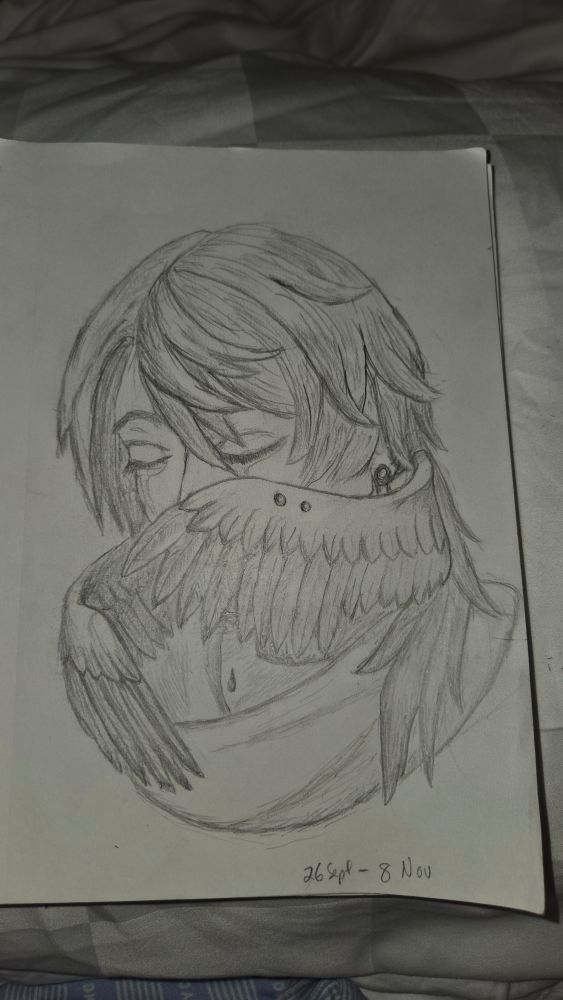 A pencil drawing of the honkai star rail character Sunday,  with his wings shielding his crying face.  His halo is missing. 