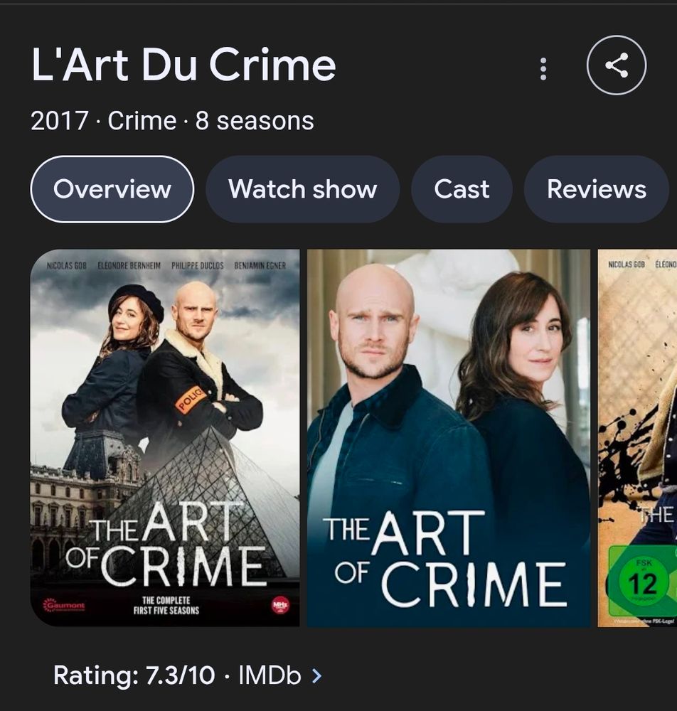 A screenshot of the search results for L'art Du Crime, a French police procedural that is offered on Amazon prime as dubbed in English. 