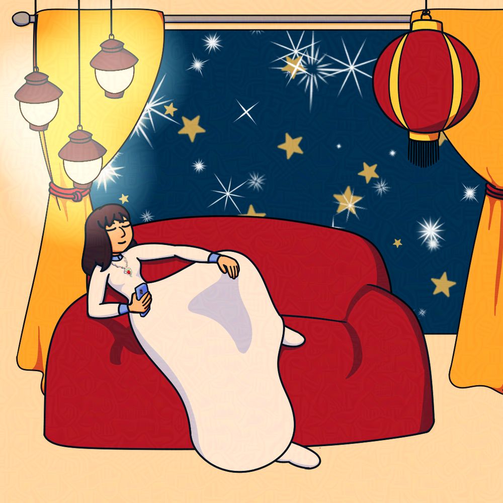 Traditionally, much like the Gregorian New Year's Eve, people stay up late during the Lunar New Year's Eve.

In addition, the first day is when no house chores (especially sweeping) are performed where possible. Thus, it's a time to devote to hobbies and idle pursuits after family gatherings.

While red clothing is usually worn, my feng shui prediction strongly suggested not wearing red clothes but red jewelry with other colours of clothes for 2025's Year of the Snake.

The pose is loosely inspired by Guanyin at ease. This particular pose isn't usually used by the more feminine depictions of the aforementioned deity; but as part of the New Weibermacht art movement, I chose to depict the figure in this pose.