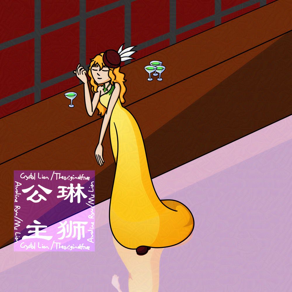 A ginger haired woman in a yellow gradient dress with green details and a feathered pillbox hat leans on a bar with some drinks.

I decided to try simulating a reflective effect, such as you can see in marble floors or polished wood, by using a different colour filter method using the flat fills of the figure.