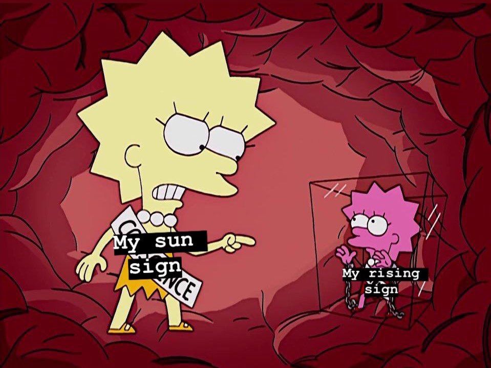 meme format: lisa simpson labelled "my sun sign" who has caged and chained a small lisa simpson labelled "my rising sign"