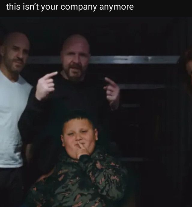 Jon Moxley and the Rizzler posing for the camera with Claudio Castagnoli in the background and the text "this isn't your company anymore"

Because it is The Rizzler's company.