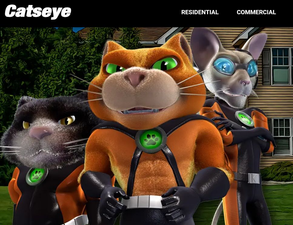 Website for Catseye pest control with 3D animated cartoon cats in futuristic outfits, one with crazy blue eyes, one with green and the other yellow
