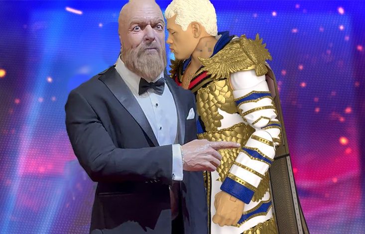 The Kissing Cody Rhodes action figure photoshopped to kiss the weird looking HHH wax figure.