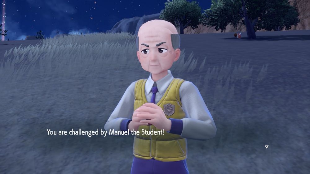 Pokemon Violet screenshot where an old bald man in a school uniform is standing in a field with the text "You are challenged by Manue the Student!"