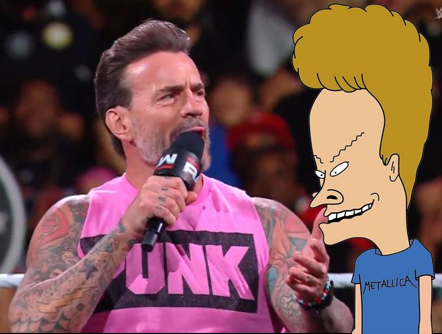 CM Punk holding a microphone with a hairstyle that looks like Butt-head photoshopped next to beavis.