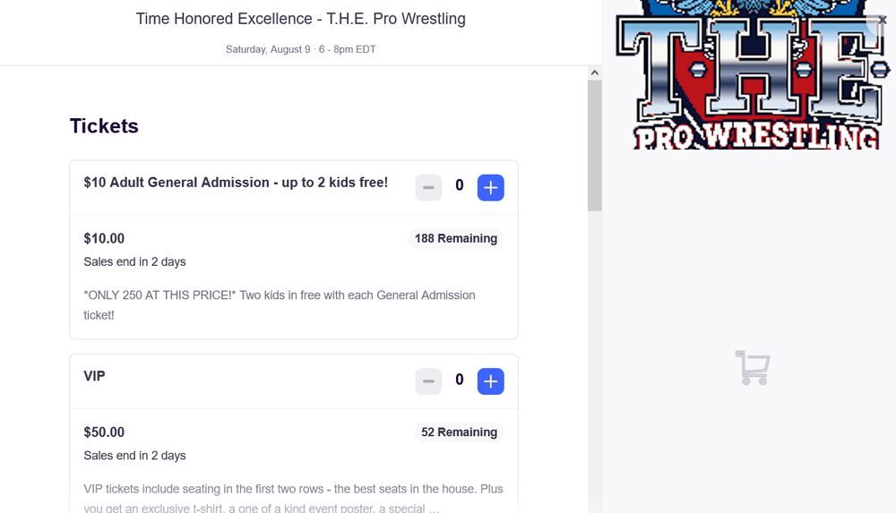 The Wrestling Event Pride showing 188 remaining GA tickets and 52 remaining VIP.