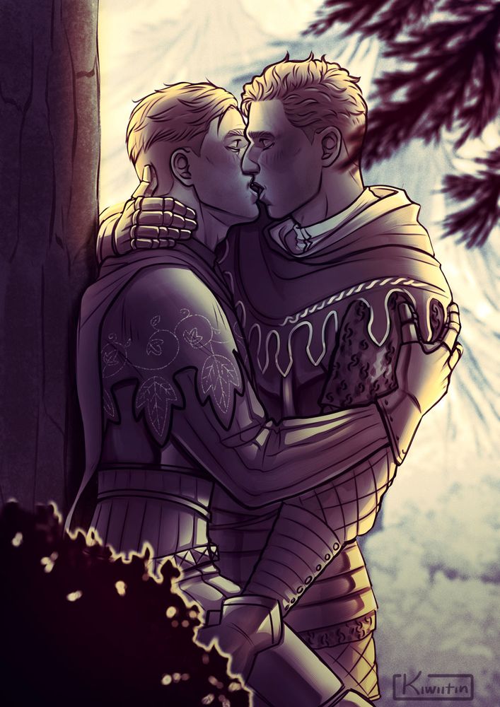 Hans and Henry kissing against a tree, wearing armor but no helmets.