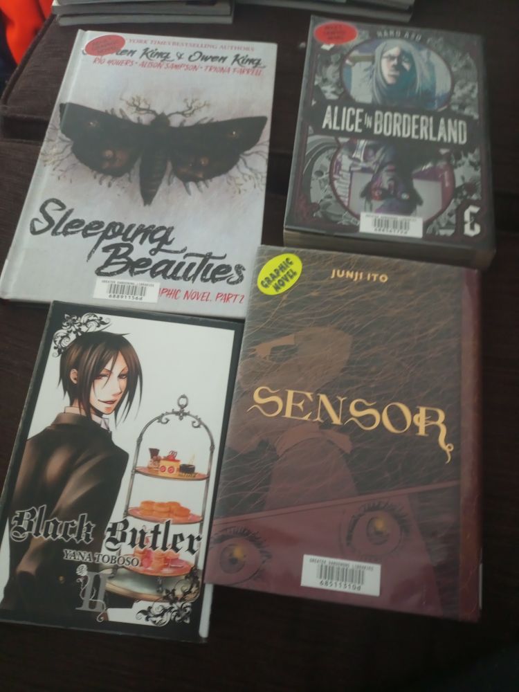 Comics Part 1: Manga + guest

Sleeping Beauties Volume 2
Alice In Borderland Volume 3
Black Butler Volume 2
Sensor 